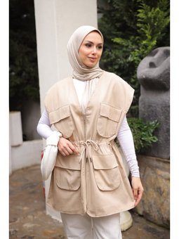 Taş Bel Bağlamalı Cepli Astarlı Gabardin Yelek