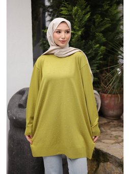 Yağ Yeşili Bisiklet Yaka Taş İşlemeli Tunik