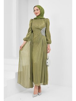 Yağ Yeşili Kolu Lastikli Taş Detaylı Abiye Elbise