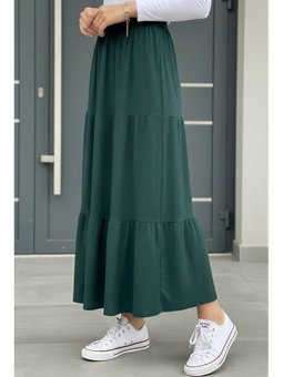 Zümrüt Yeşili Eteği Katlı Bel Lastikli Bürümcük Etek