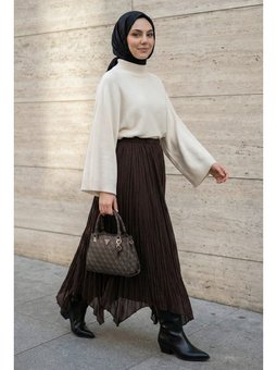 Asimetrik Kahverengi Tül Etek