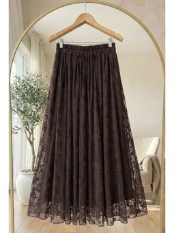 Çiçekli Flok Tül Astarlı Acı Kahve Etek