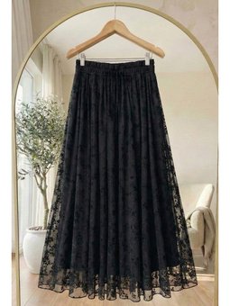 Çiçekli Flok Tül Astarlı Siyah Etek