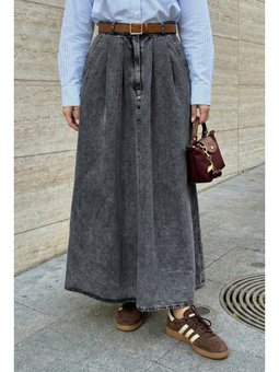 Çift Cep Kloş Gri Kot Etek