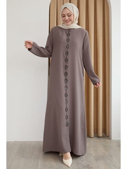 Damla Taş Desenli Kahverengi Ferace