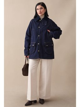 Garnili Ekose Detaylı Koyu Mavi Kot Ceket