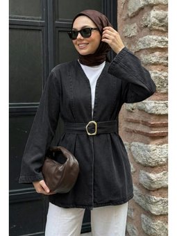 Geniş Kol Kuşaklı Koyu Antrasit Kot Ceket