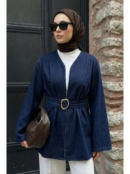 Geniş Kol Kuşaklı Koyu Mavi Kot Ceket
