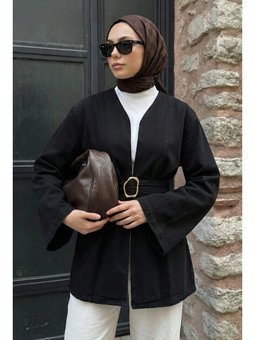 Geniş Kol Kuşaklı Siyah Kot Ceket