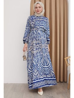 Gölge Desen Mavi Viskon Elbise