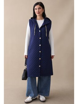 Kapüşonlu Gold Zincir Lacivert Kapitone Yelek