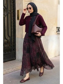 Otantik Desen Asimetrik Mürdüm Tül Etek