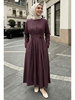 Pileli Kuşaklı Bordo Elbise
