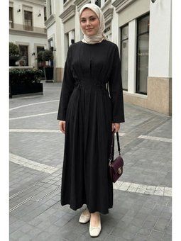 Pileli Kuşaklı Siyah Elbise