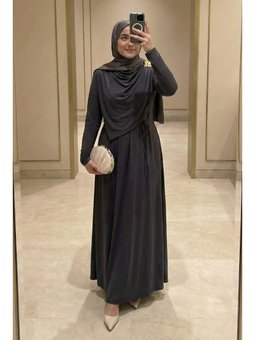 Şal Bağlamalı Broşlu Füme Sandy Elbise