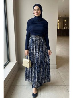 Şifon Sandy Kemerli Drapeli Lacivert Batik Desen Elbise