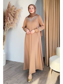 Taşlı İncili Camel Scuba Elbise