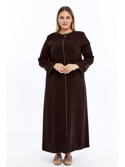Nakışlı Gizli Fermuarlı Ferace Kahverengi