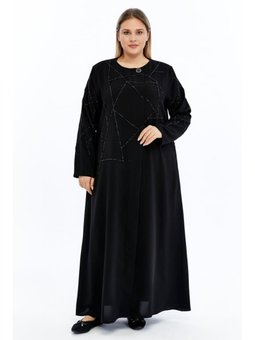 Taşlı Broş Detaylı Büyük Beden Petek Kumaş Ferace/abaya Siyah