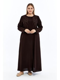 Taşlı Büyük Beden Petek Kumaş Ferace Kahverengi