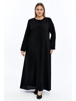 Taşlı Büyük Beden Petek Kumaş Ferace Siyah