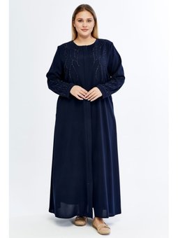 Taşlı Büyük Beden Petek Kumaş Lacivert Ferace