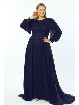 Büyük Beden Uzun Arıkan Abiye Elbise Lacivert