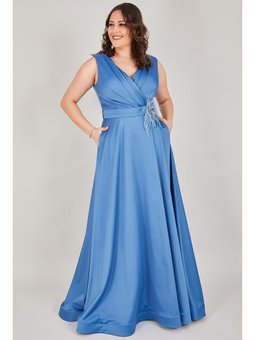 Büyük Beden Uzun İndigo Abiye Elbise