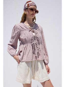 Bağlama Detaylı Müslin Lila Bluz