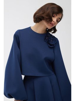 Balon Kol Broşlu Gece Mavisi Bluz