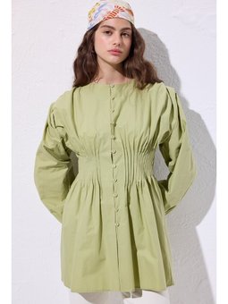 Beli Pile Detaylı Uzun Kol Yeşil Bluz