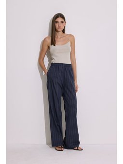 Çizgili Beli Lastikli Lacivert Pantolon