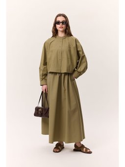 Geniş Cep Detaylı Kısa Haki Gömlek