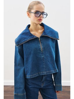 Geniş Yakalı Denim Koyu Mavi Bluz