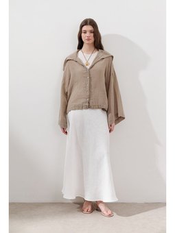 Keten Karışımlı Geniş Yakalı Haki Gömlek