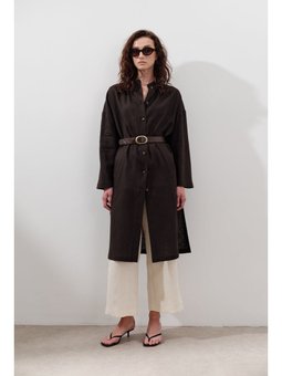 Keten Kemerli Uzun Acı Kahve Tunik