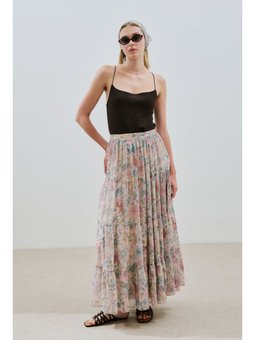 Uzun Büzgülü Şifon Etek Pastel Floral