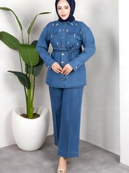 Açık Mavi Denim İkili Taş Detaylı Kuşaklı Takım