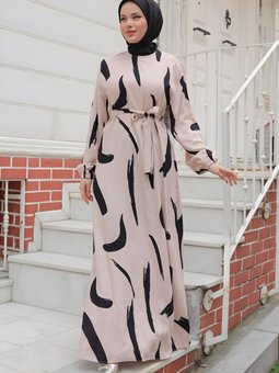 Bej Büyük Fırça Desenli Viskon Elbise