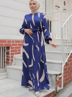 İndigo Büyük Fırça Desenli Viskon Elbise