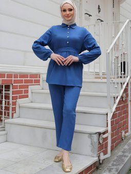 İndigo İkili Taş Düğme Detaylı Takım