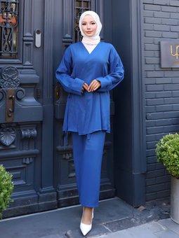 İndigo Kimono Bağlama Detaylı İkili Takım