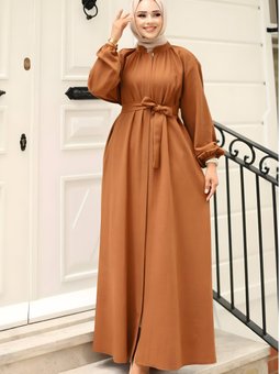 Kahverengi Kuşaklı Gizli Fermuarlı Ferace