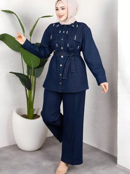 Koyu Mavi Denim İkili Taş Detaylı Kuşaklı Takım