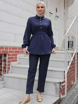 Lacivert İkili Taş Düğme Detaylı Takım