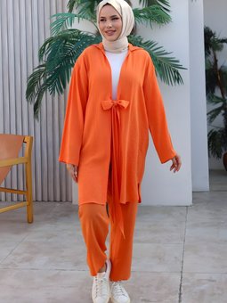 Turuncu Kimono İkili Bağlama Detaylı Takım