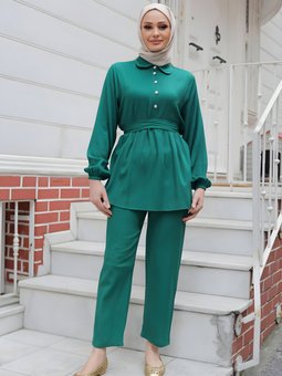 Yeşil İkili Taş Düğme Detaylı Takım