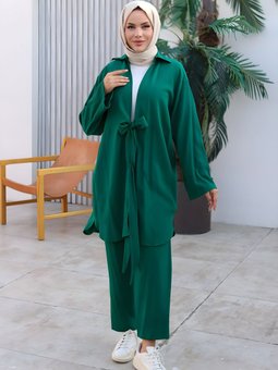 Yeşil Kimono İkili Bağlama Detaylı Takım