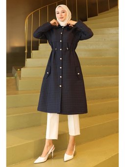 Düğmeli Beli Bağcıklı Kapitone Lacivert Kap