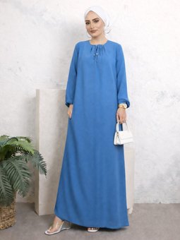 Büyük Beden Lastikli Yaka Salaş Açık Mavi Elbise